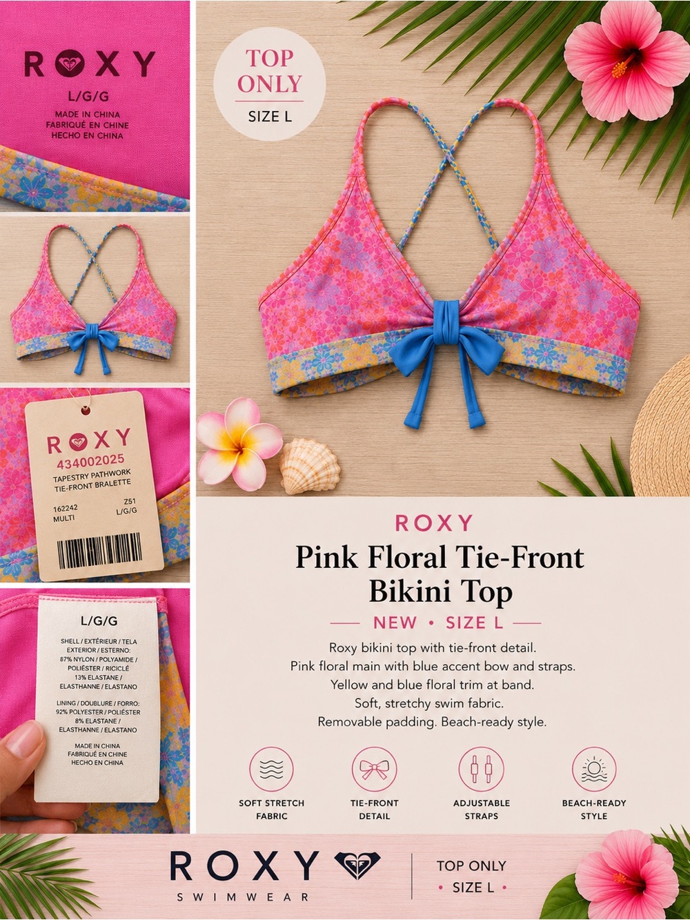Roxy Pink Floral Tie-Front Bikini Top with Blue and Yellow Trim NEW L 12